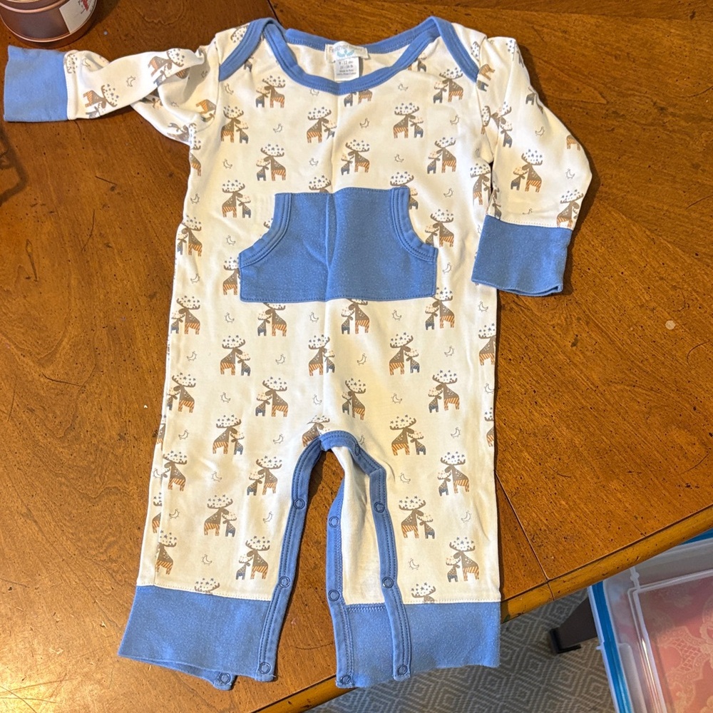Cream Giraffe Print One-Piece Bodysuit with Blue Trim